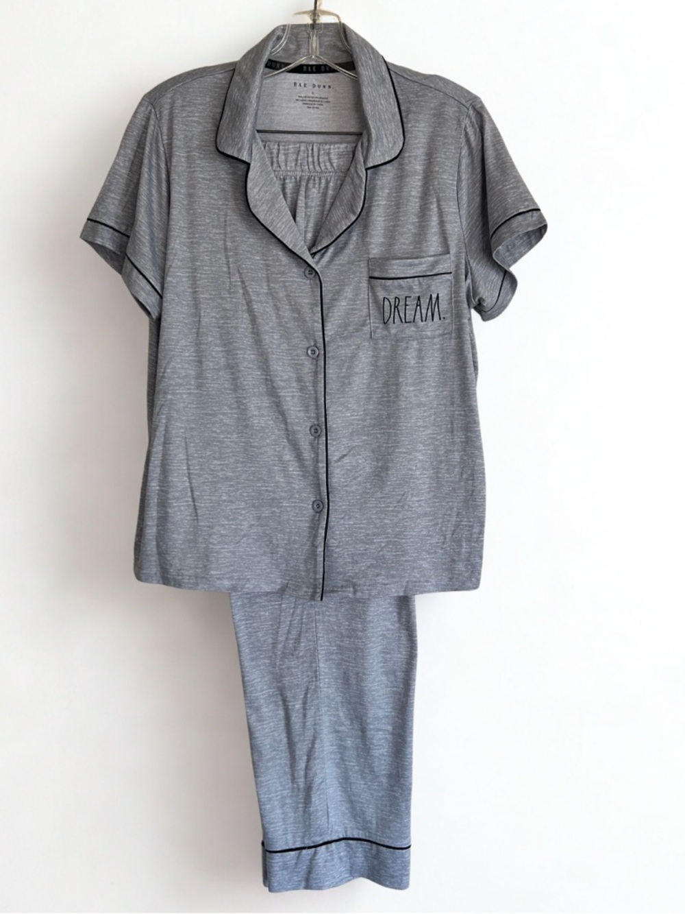 Rae Dunn Gray Pajama Set Women’s L Button Front “Dream” Short Sleeve Lounge Set